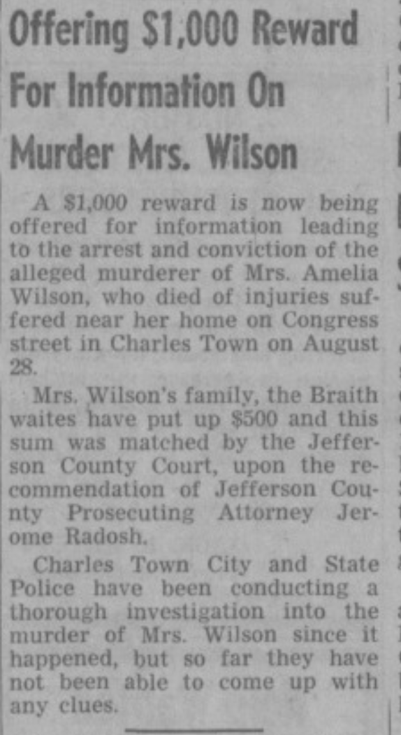 Offering $1,000 Reward For Information On Murder Mrs. Wilson - Spirit of Jefferson Farmers Advocate - Thursday, October 16, 1969.png