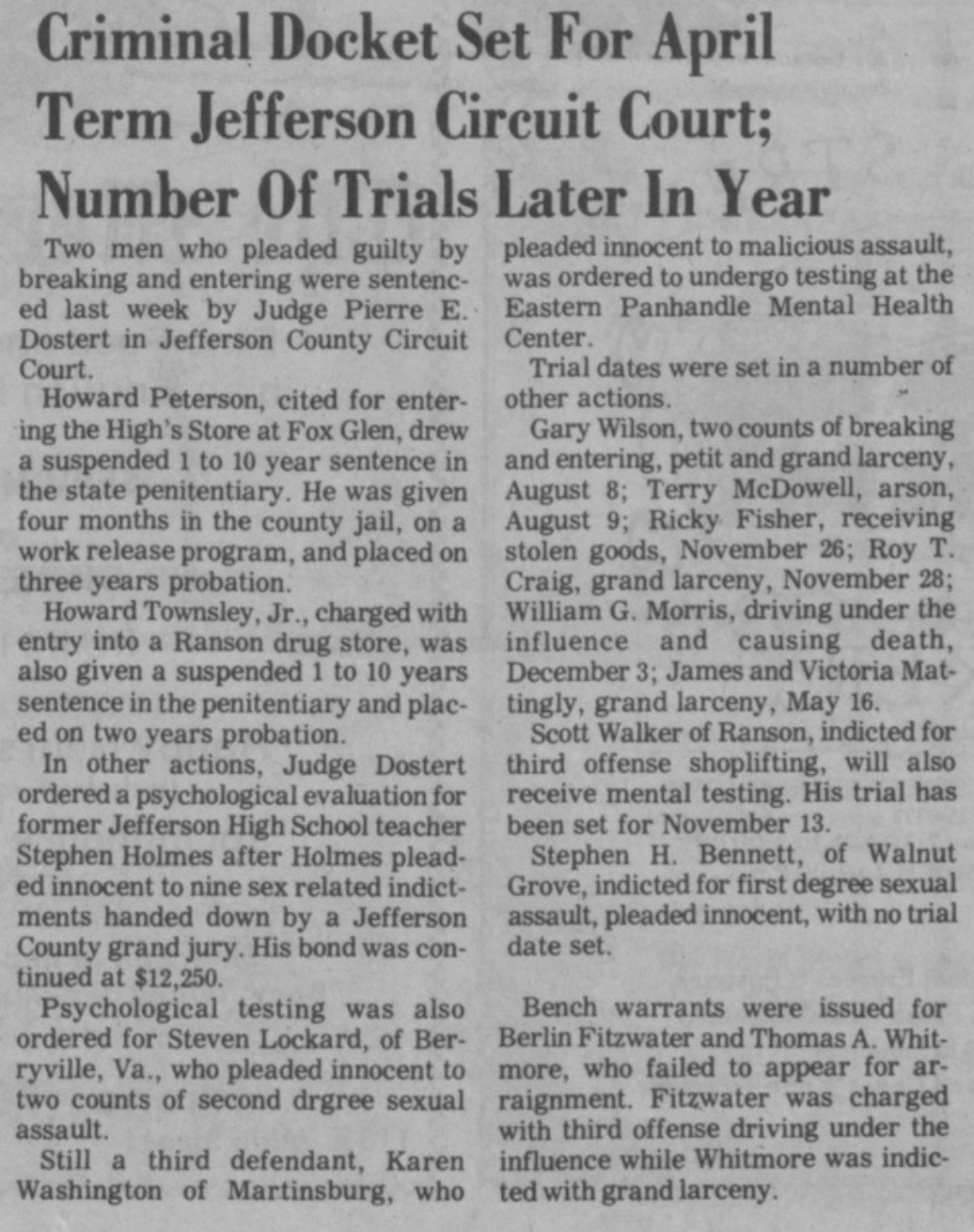 Criminal Docket Set For April Term Jefferson Circuit Court; Number Of Trials Later In Year - Spirit of Jefferson Farmers Advocate - April 25, 1984