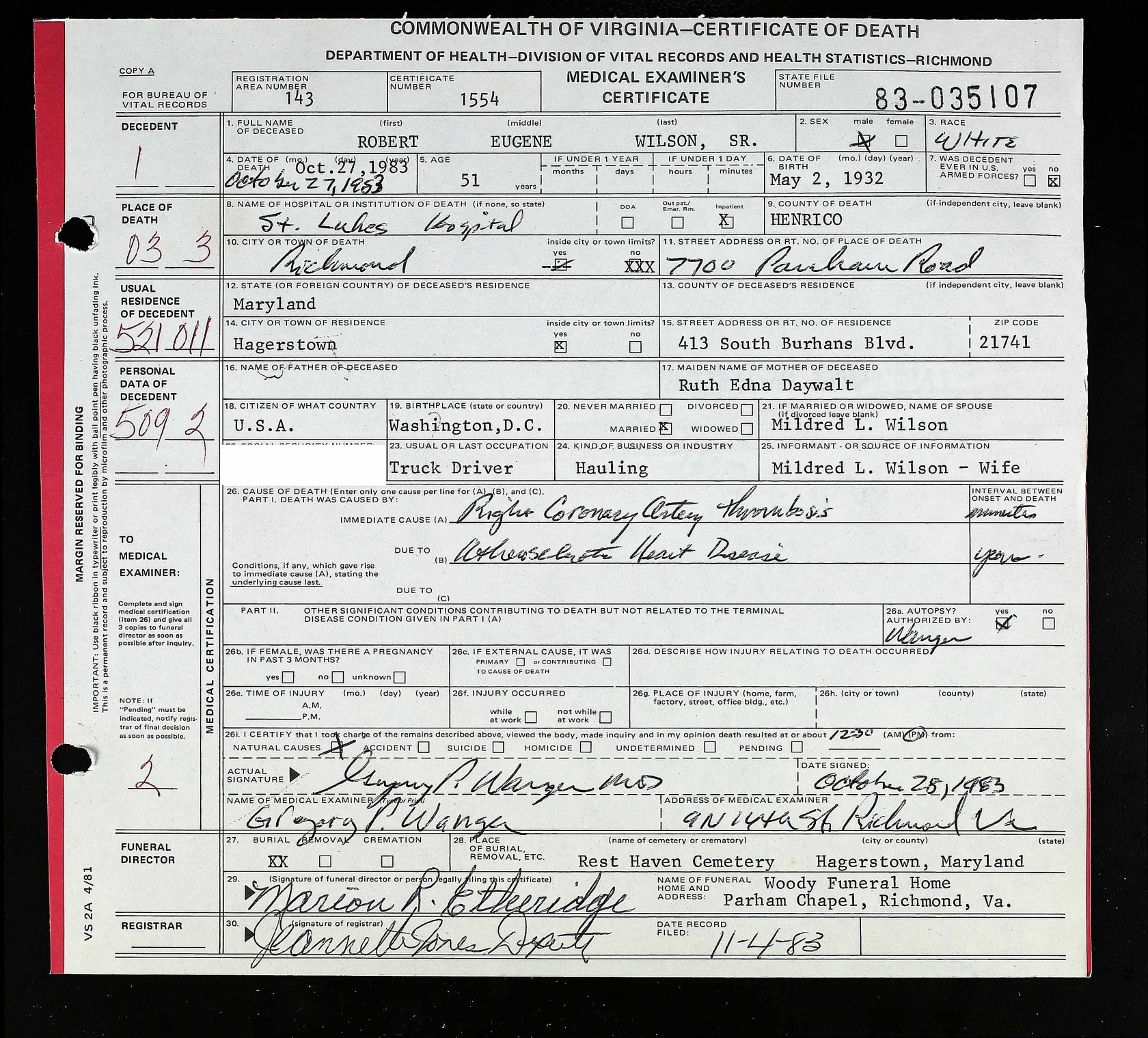 Certificte of Death - Robert Eugene Wilson, Sr. - October 27, 1983.jpg