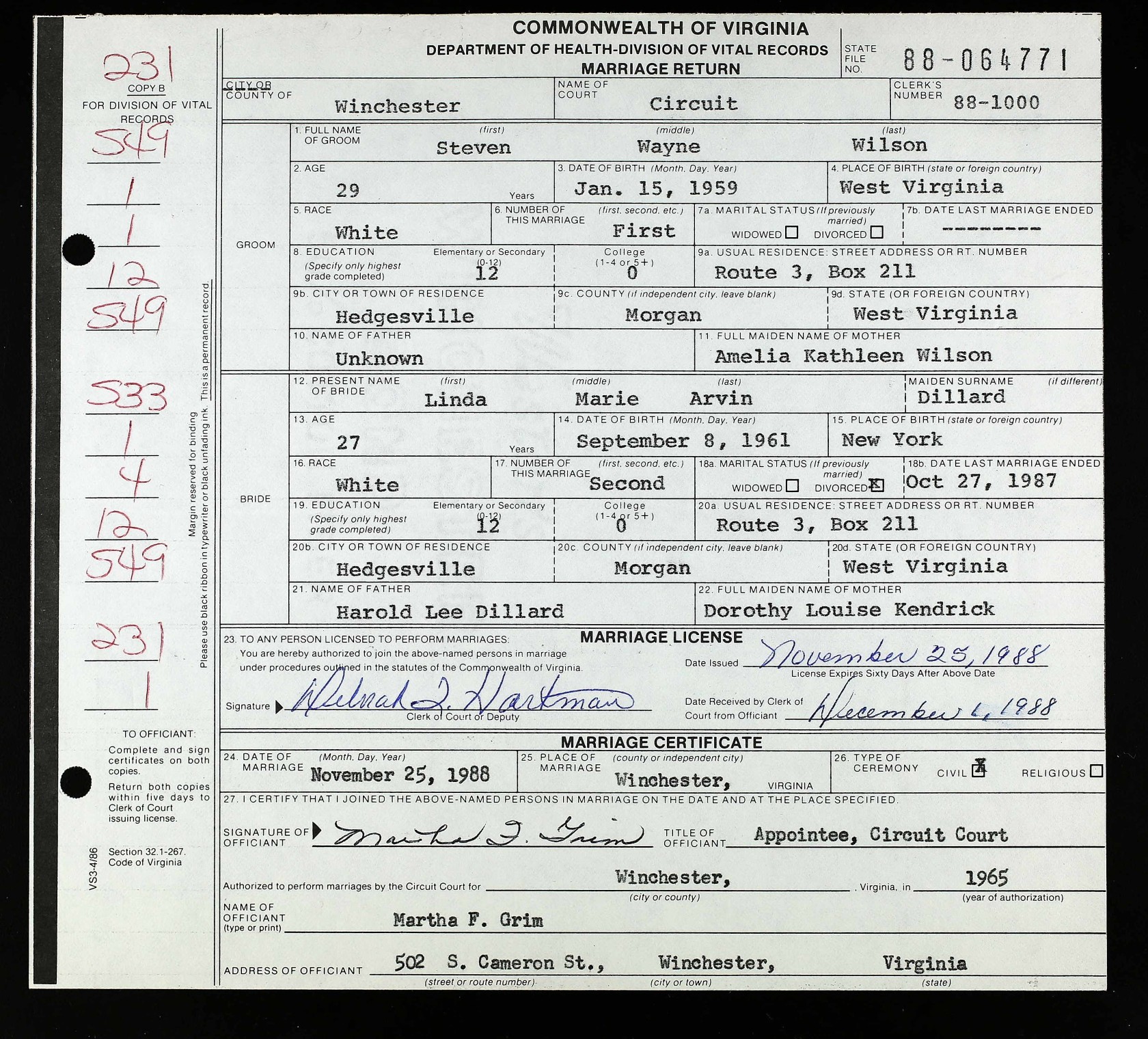 Register of Marriage - Steven Wayne Wilson - November 25, 1988.jpg