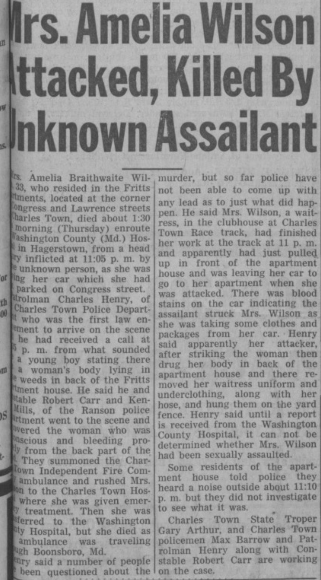 Mrs. Amelia Wilson Attacked, Killed By Unknown Assailant - Spirit of Jefferson Farmers Advocate - August 28, 1969