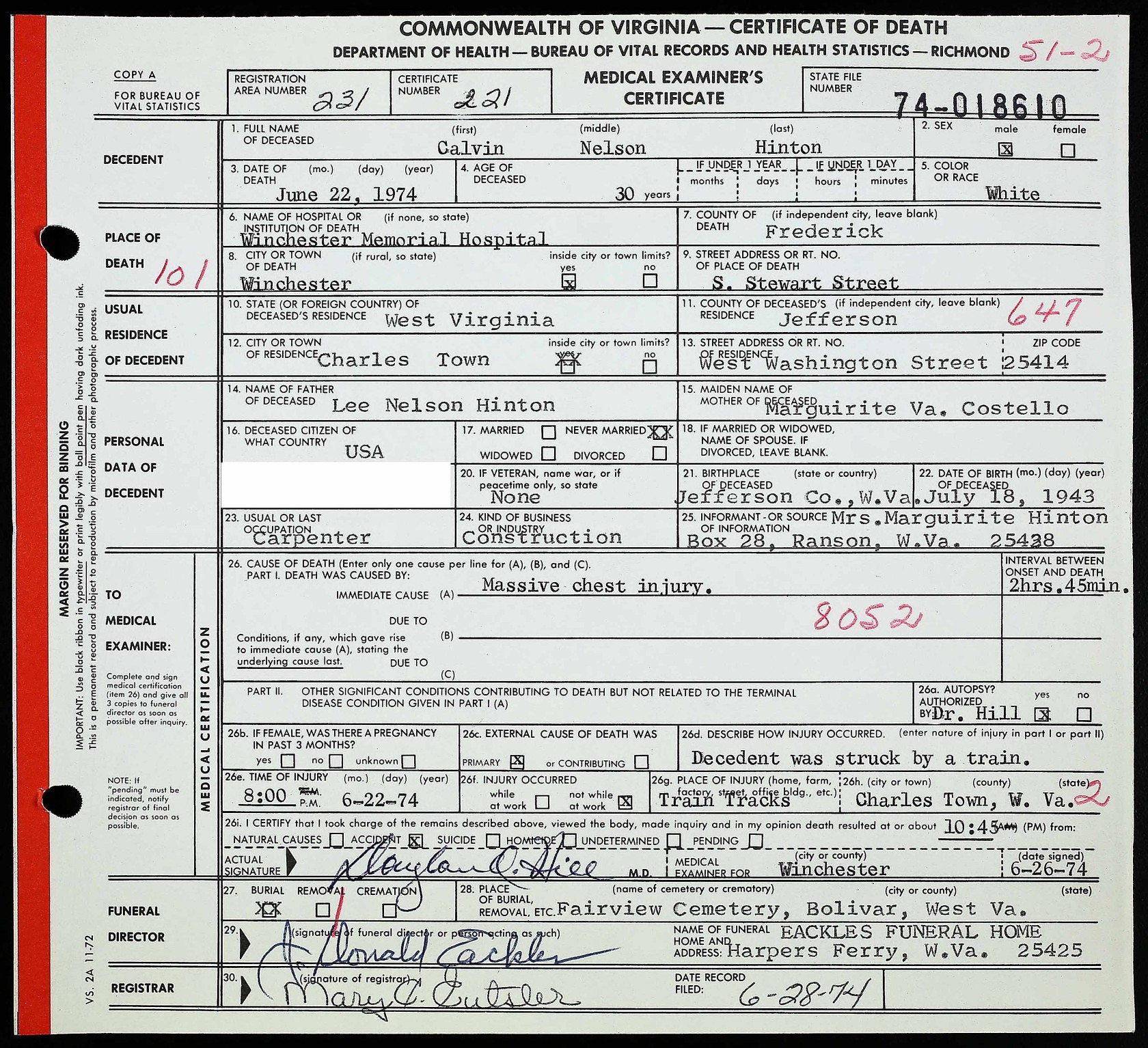 Certificte of Death - Calvin Hinton - June 22, 1974.jpg